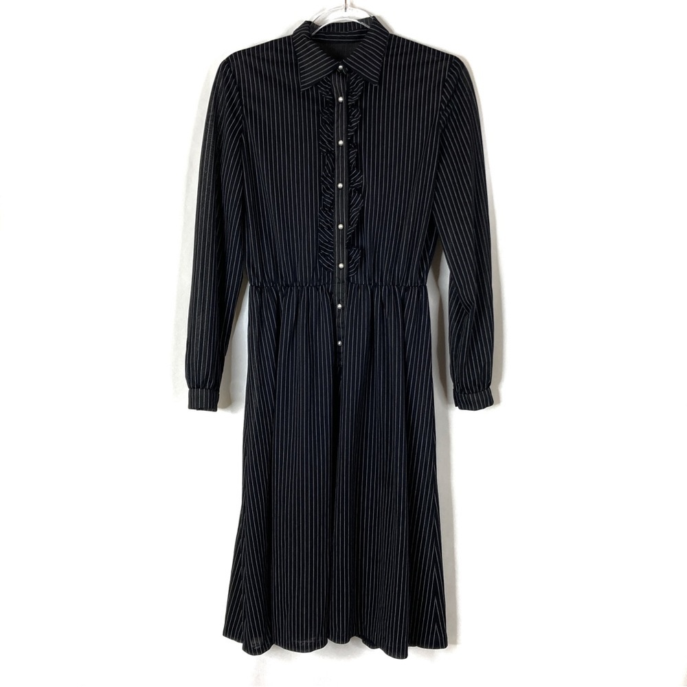 Vintage | Black White Pinstripe Ruffle Button Down Mid Length Dress SHEER